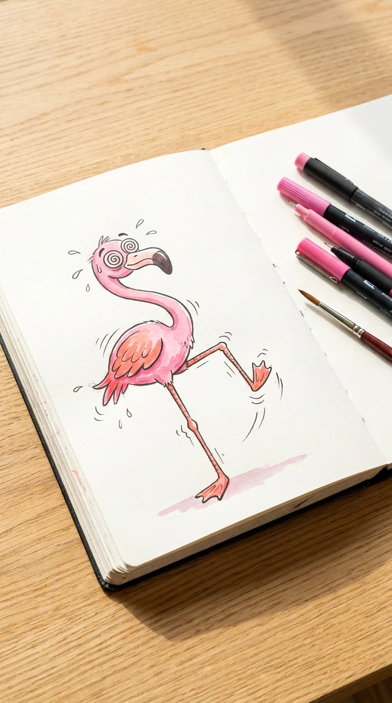 Un flamant rose qui a visiblement du mal à tenir sur une seule patte