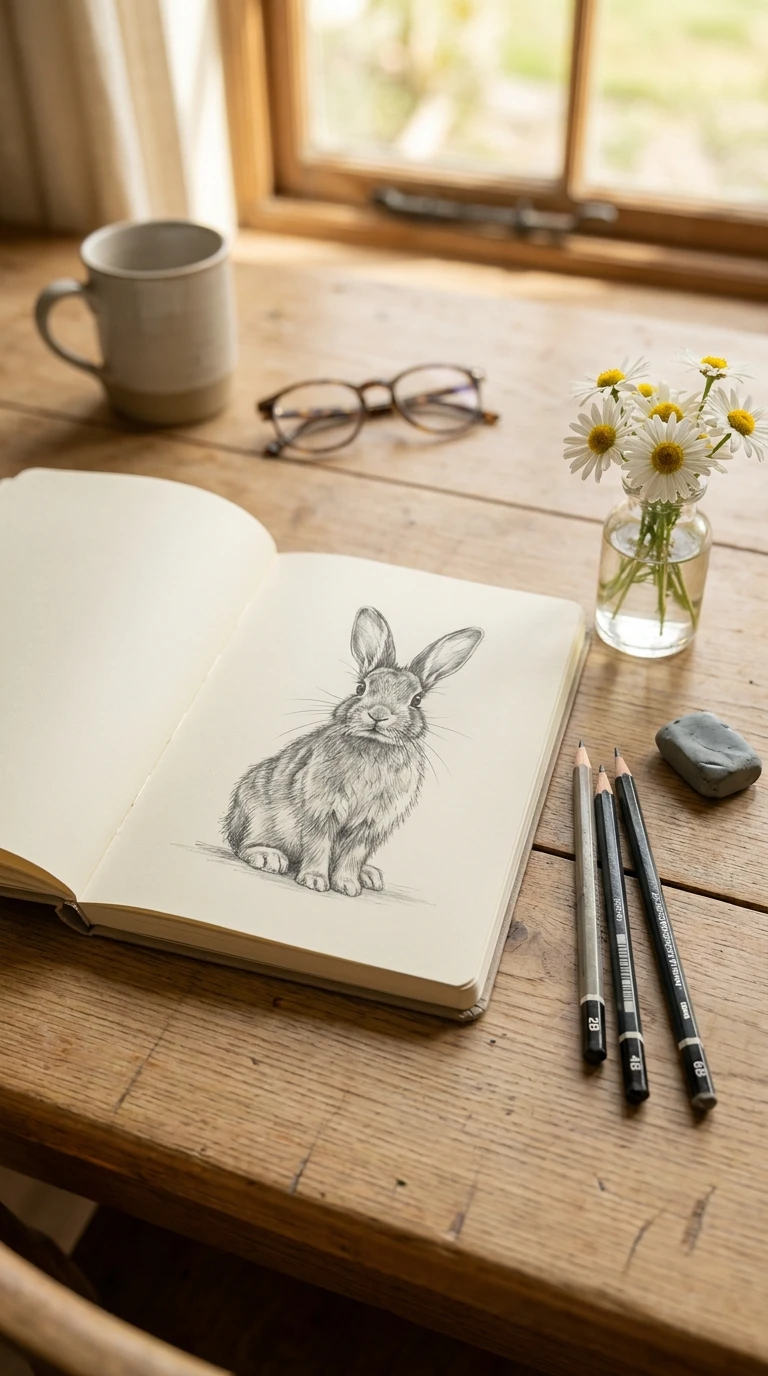 Un lapin assis, oreilles dressées