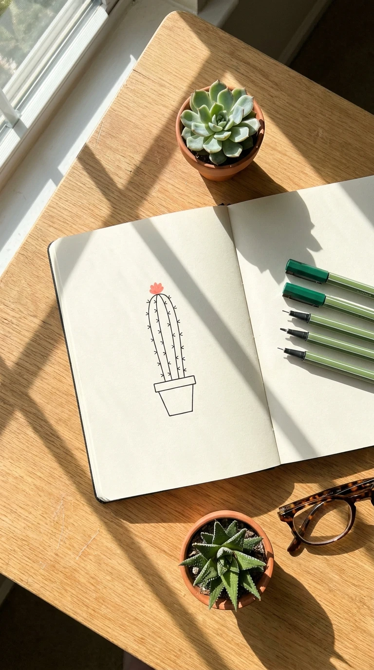 Un mini cactus réduit à trois traits verticaux et un pot
