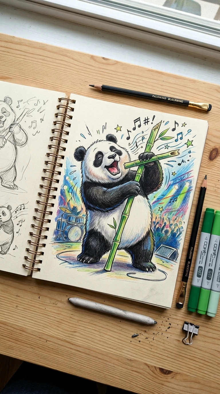 Un panda qui confond visiblement le bambou avec un micro de chanteur