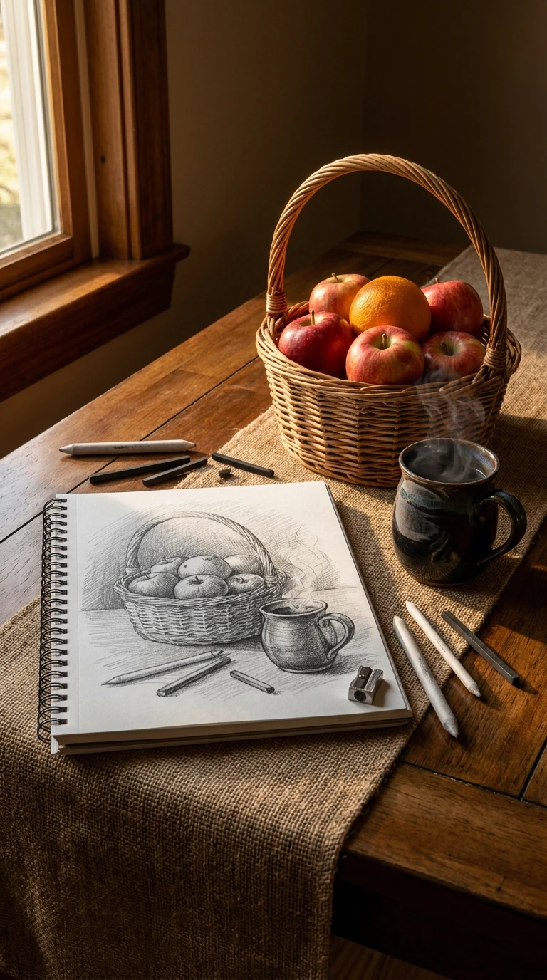 Un panier de fruits posé à côté d'une tasse fumante