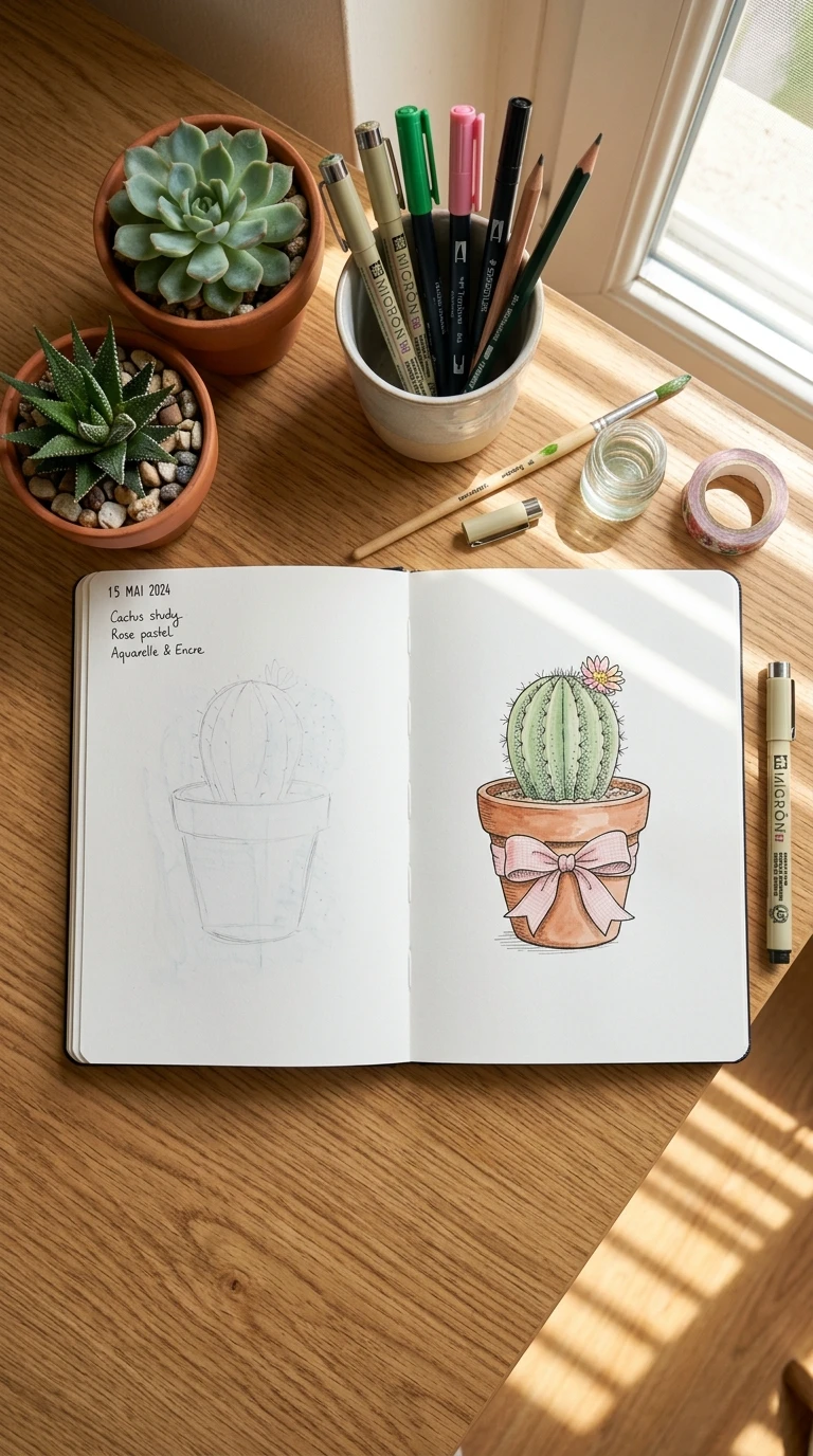 Un petit cactus en pot avec un nœud autour du pot