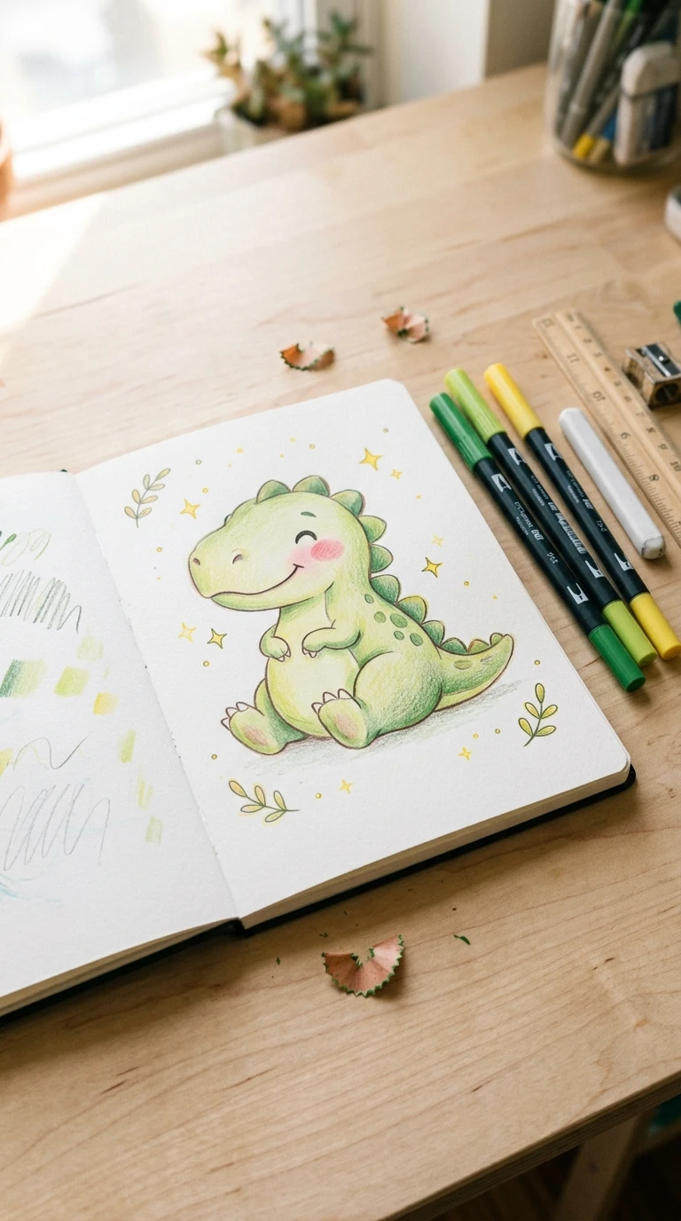 Un petit dinosaure avec des joues roses et une posture assise
