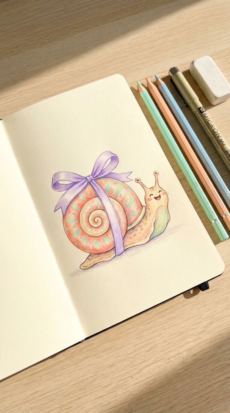 Un petit escargot portant sa maison décorée d'un ruban