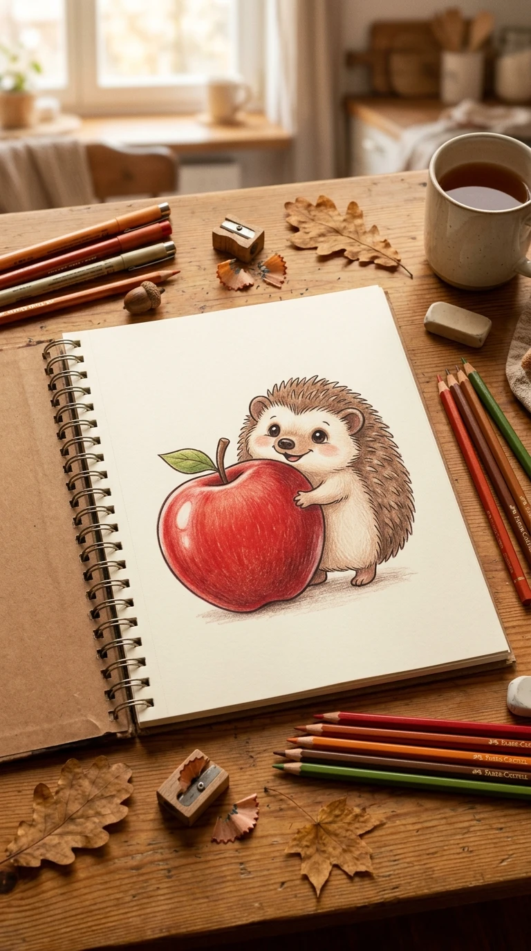 Un petit hérisson tenant une pomme plus grande que lui