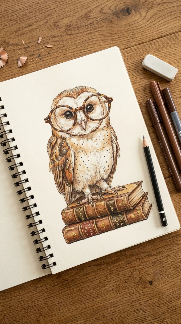 Un petit hibou avec de grandes lunettes rondes, l'air studieux