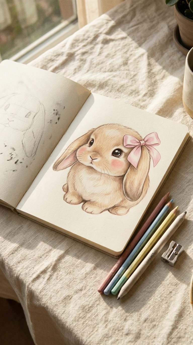 Un petit lapin avec des oreilles tombantes et un nœud