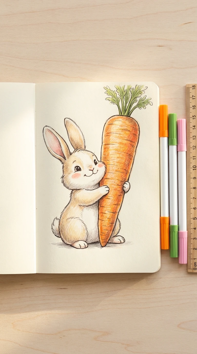 Un petit lapin tenant une carotte plus grande que lui