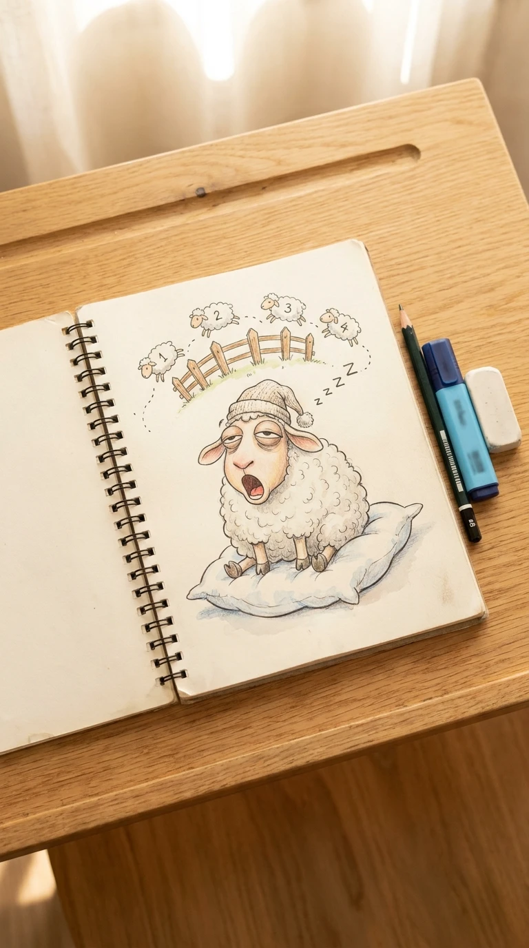 Un petit mouton qui compte, visiblement somnolent, avant de s'endormir lui même