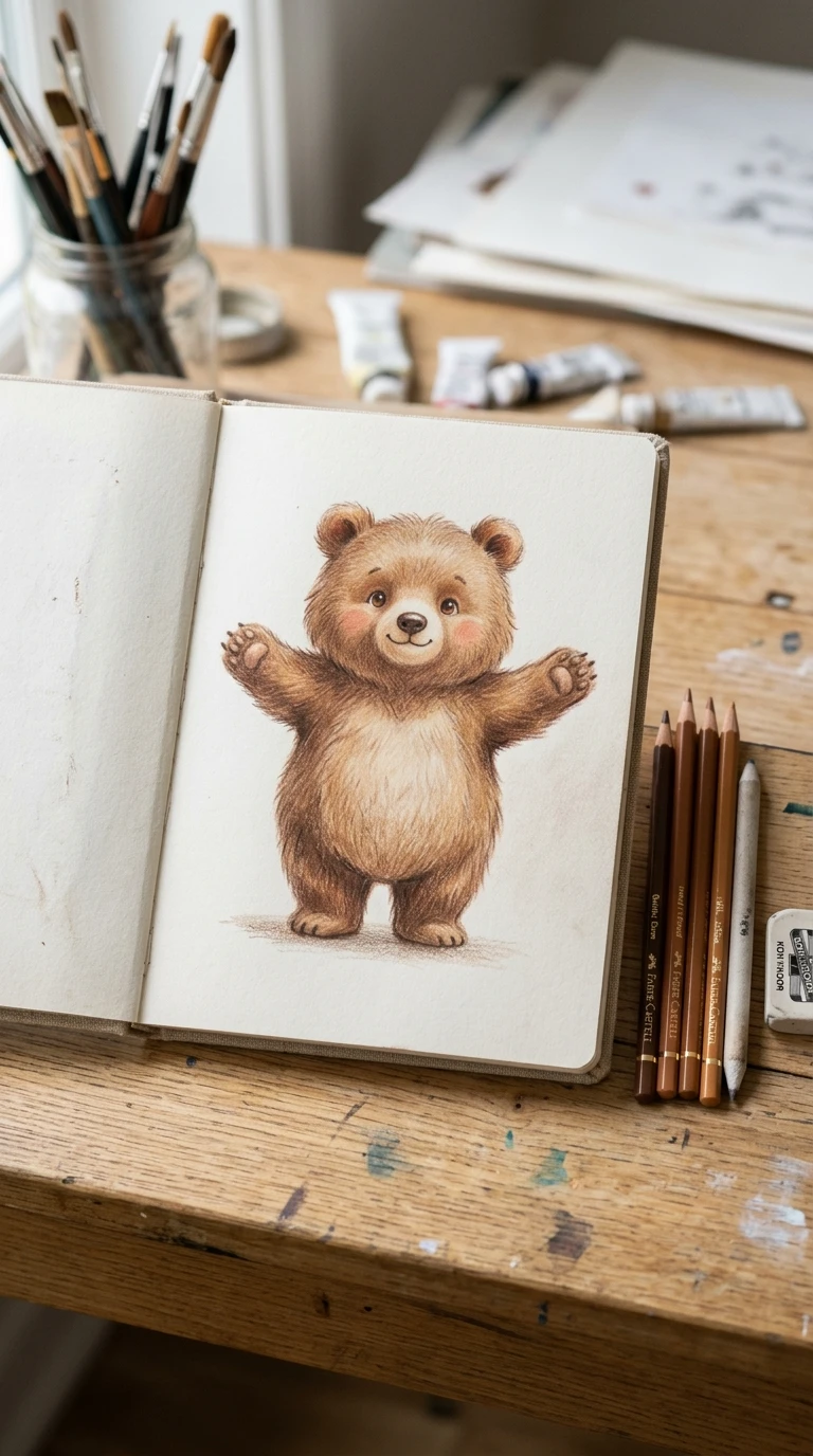 Un petit ourson debout, bras ouverts