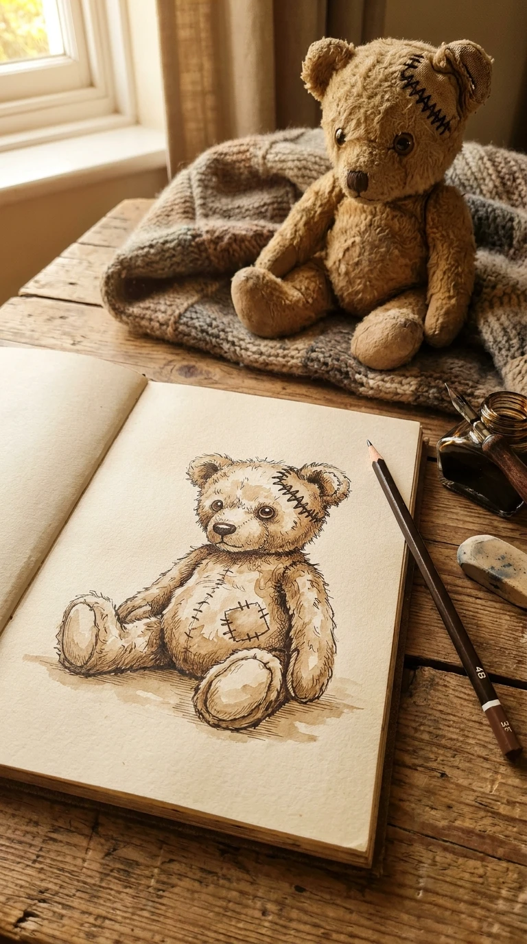 Un petit ourson en peluche visiblement usé, avec une oreille recousue