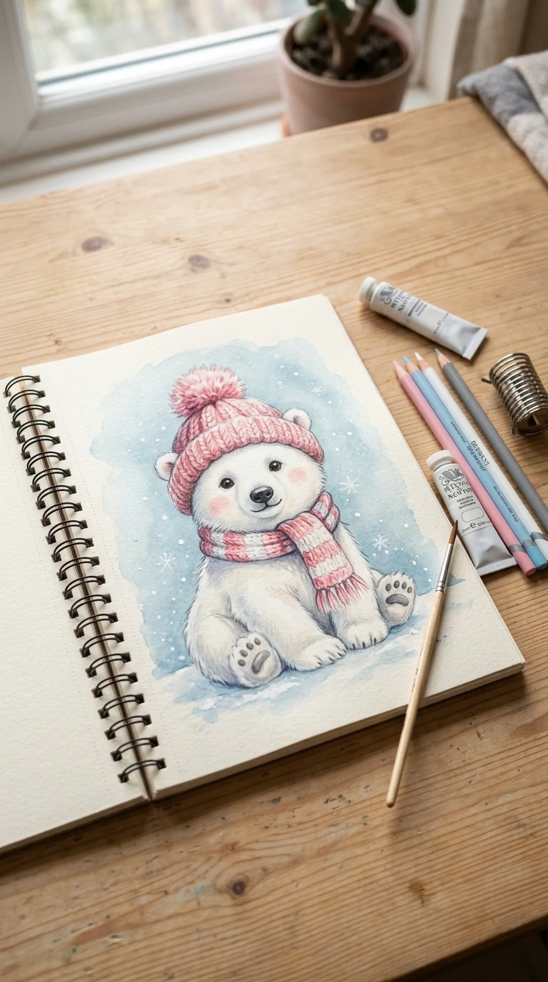 Un petit ourson polaire avec un bonnet et une écharpe rose