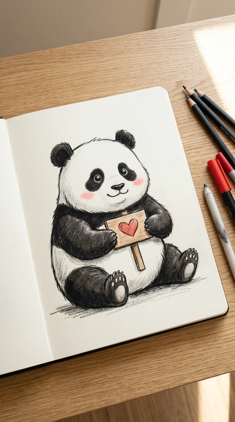 Un petit panda tenant une pancarte avec un cœur dessus