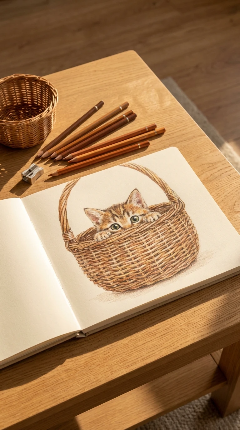 Un petit panier avec un chaton qui dépasse à peine