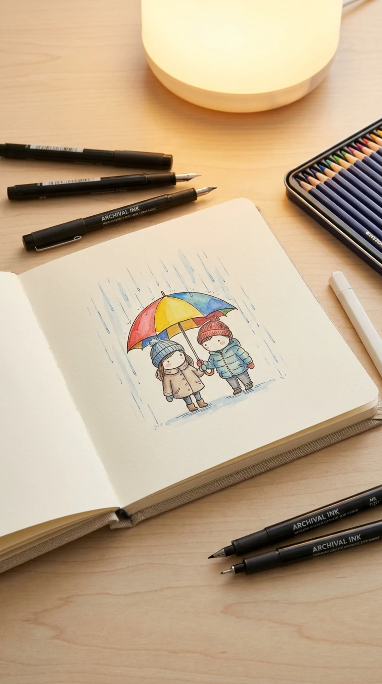 Un petit parapluie partagé par deux personnages minuscules