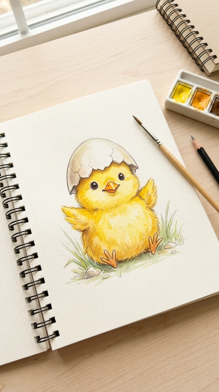 Un petit poussin avec un œuf brisé en guise de chapeau