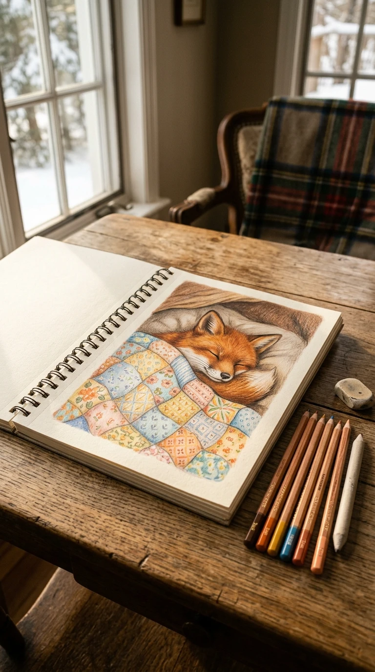 Un petit renard endormi avec une couverture à motifs
