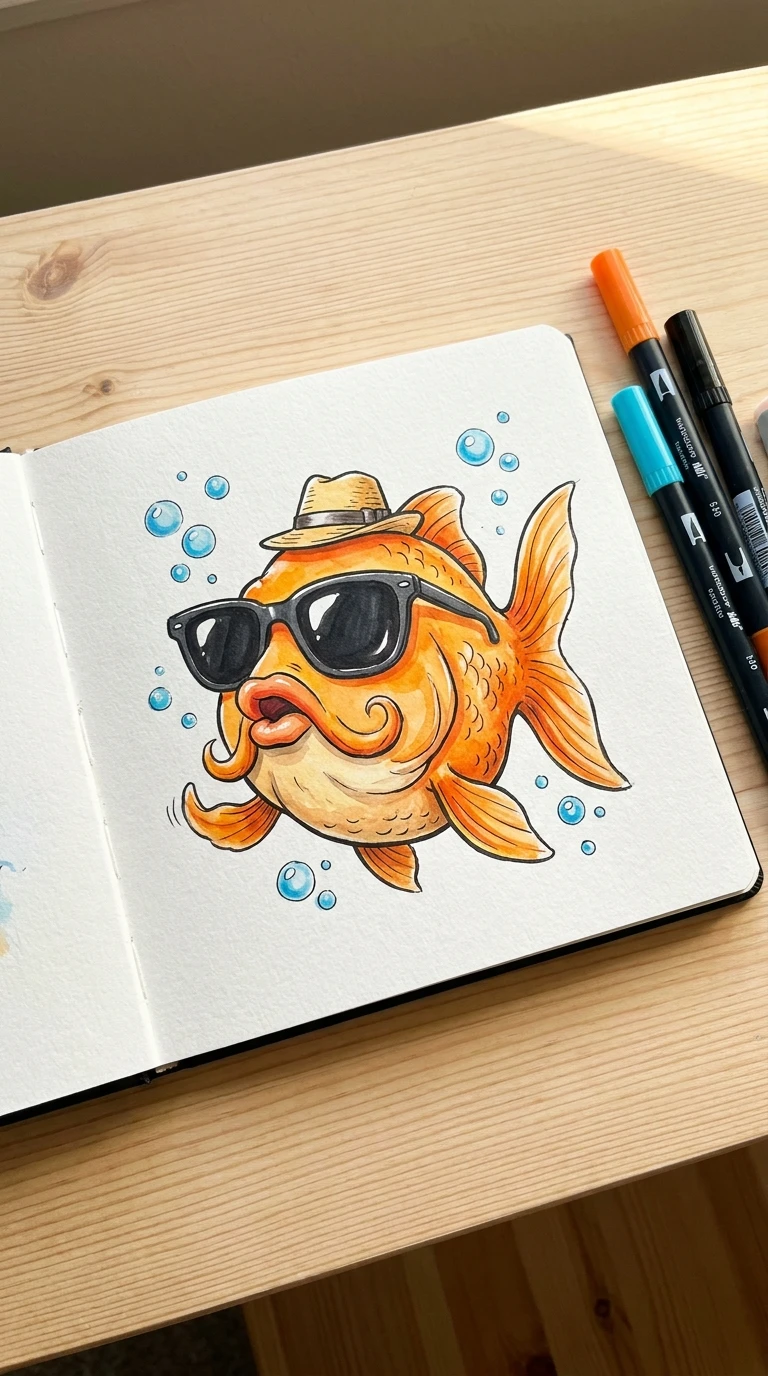 Un poisson qui porte des lunettes de soleil et un chapeau