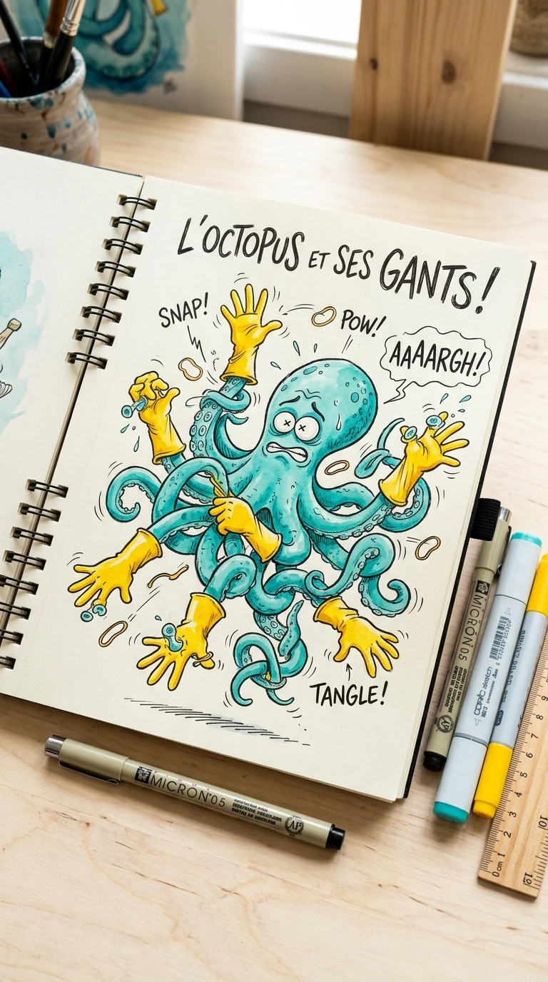 Un poulpe qui essaie d'enfiler des gants, un sur chaque bras