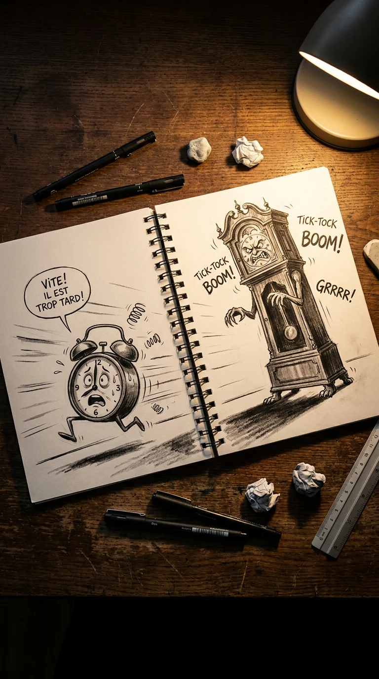 Un réveil qui court, terrifié, poursuivi par une horloge géante