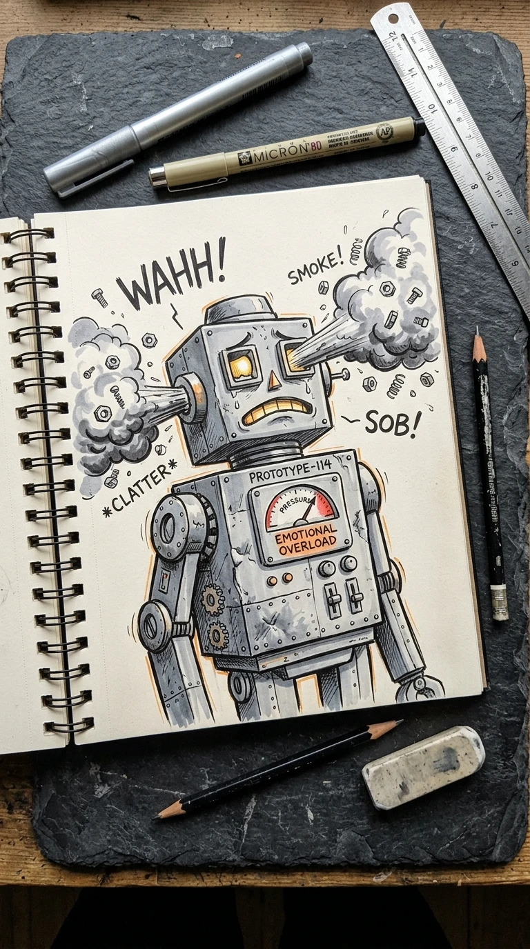 Un robot qui pleure de la fumée à la place des larmes