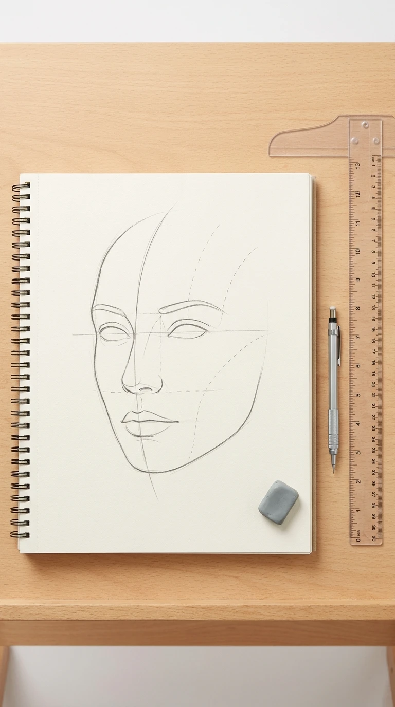 Un visage vu de trois quarts, très simplifié