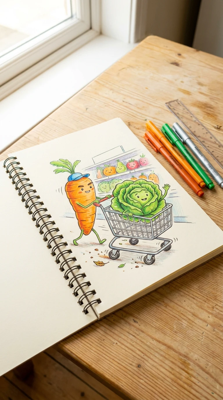 Une carotte qui pousse une salade dans un petit chariot de course