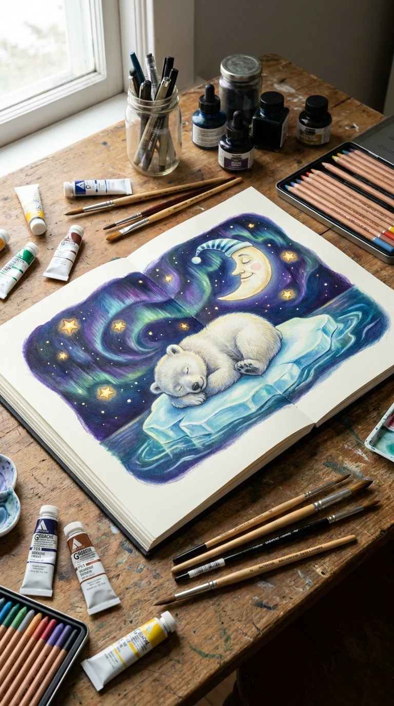 Une composition combinant deux idées de cette liste, comme la lune endormie et le petit ourson polaire