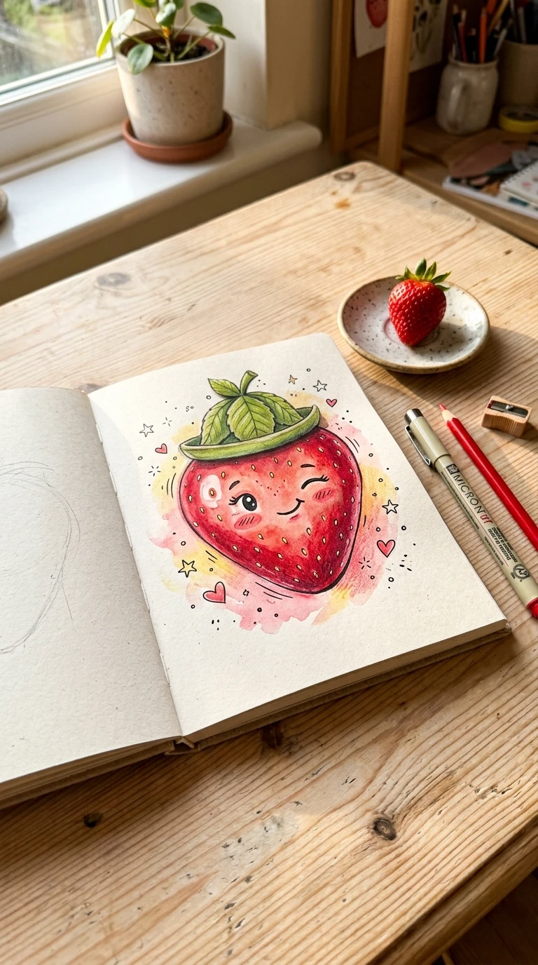 Une fraise avec un visage et un petit chapeau en feuille
