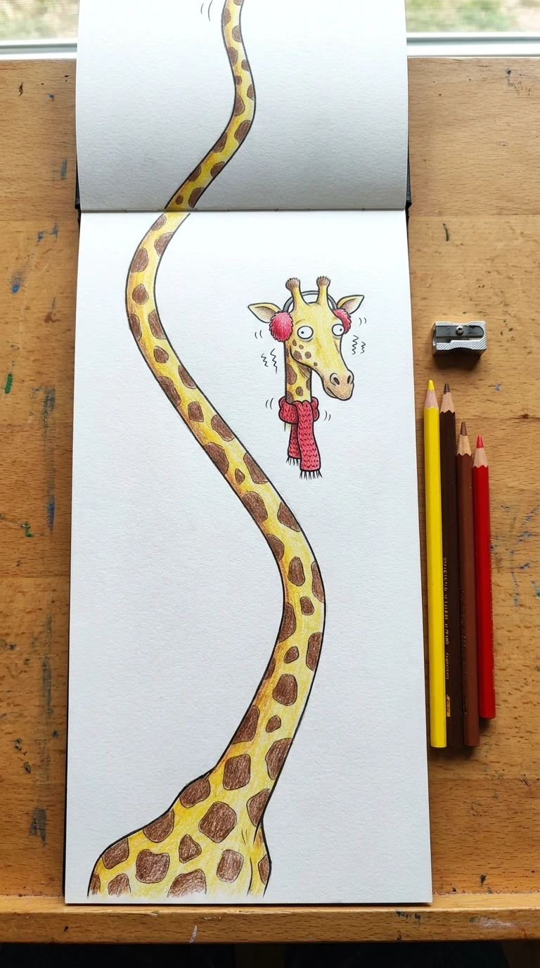 Une girafe qui porte une écharpe beaucoup trop courte pour son cou