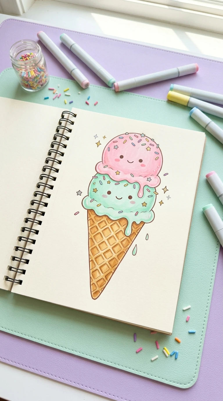 Une glace en cornet avec un visage et des étincelles sur la boule