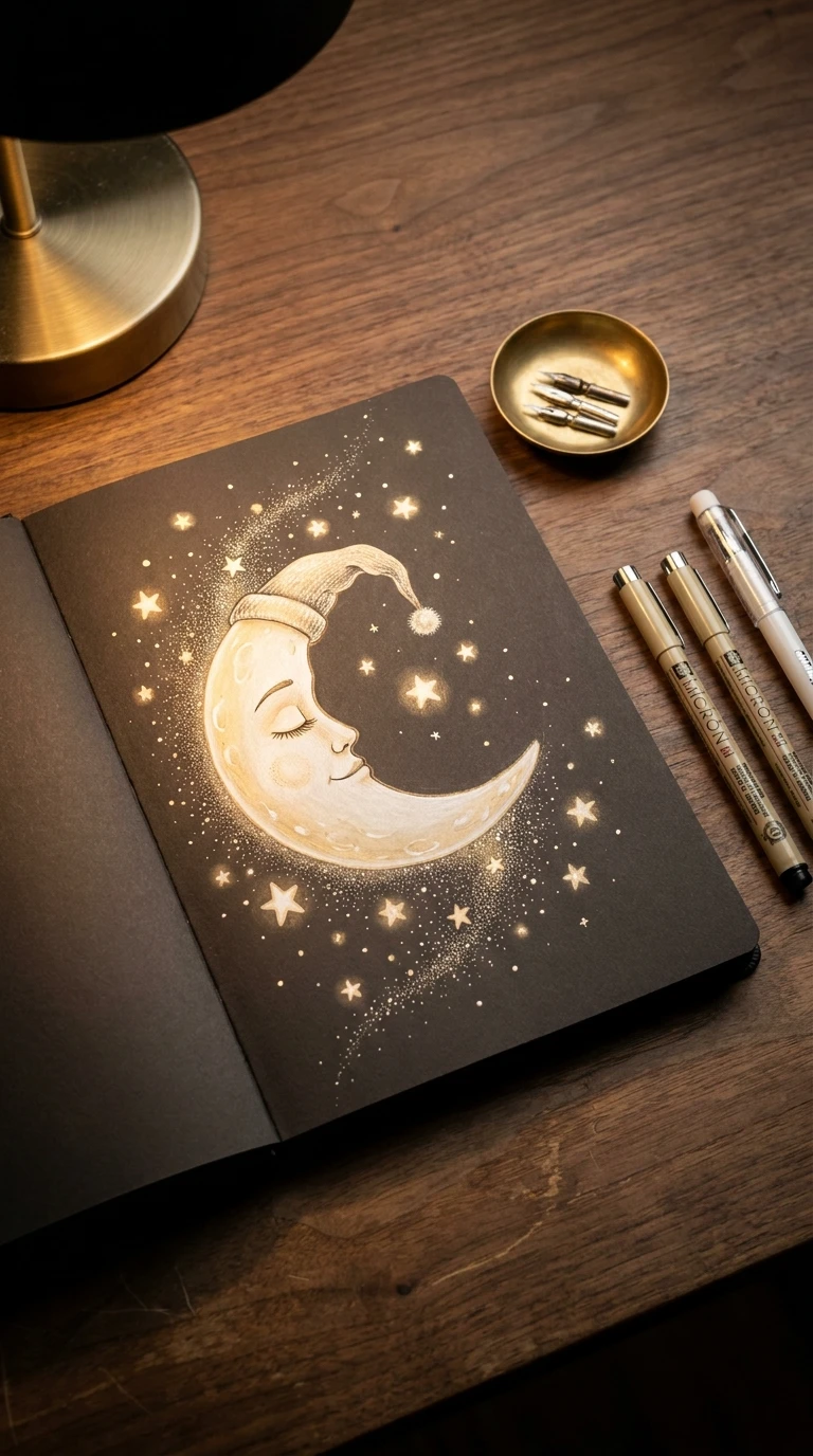 Une lune avec un petit visage endormi et des étoiles autour