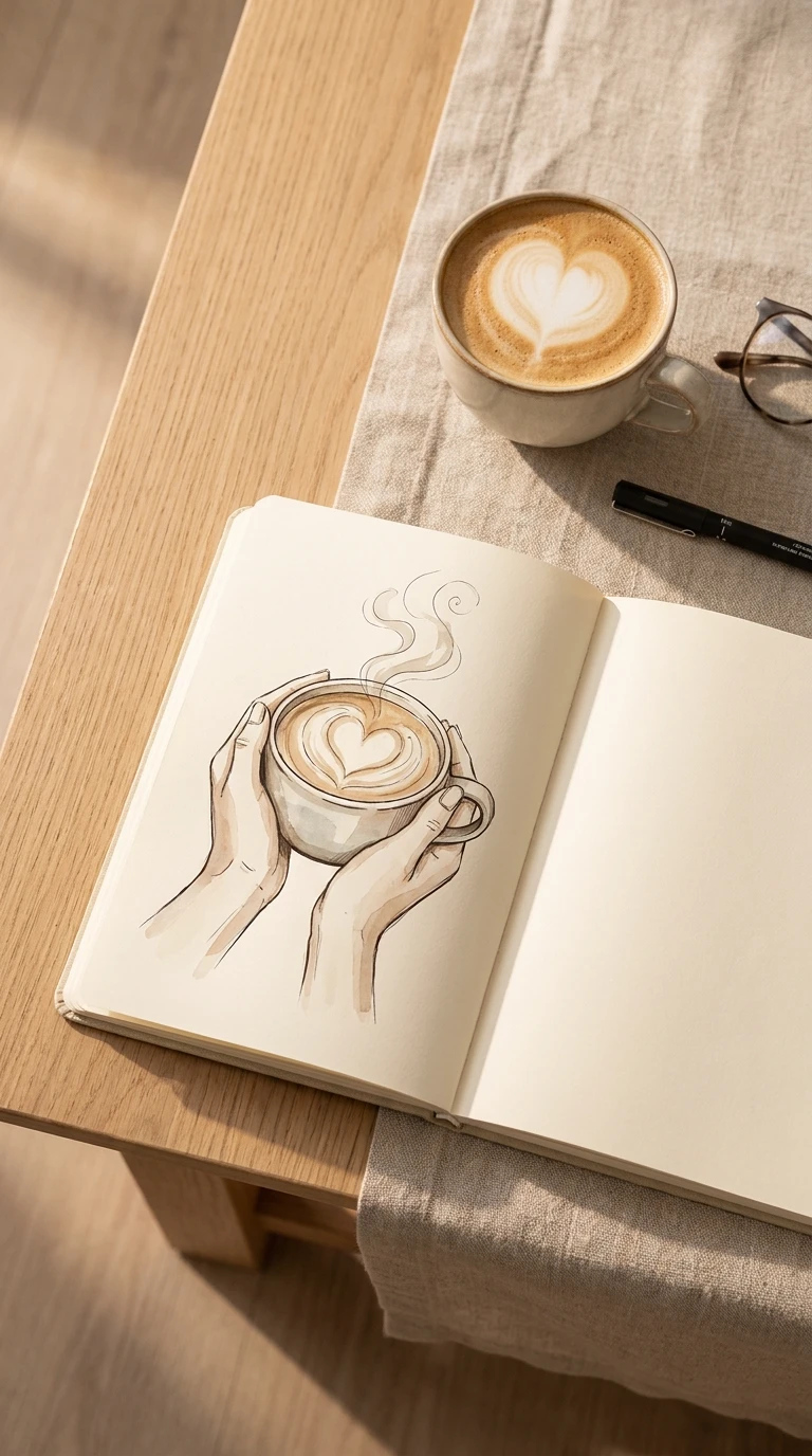 Une main tenant une tasse fumante, vue de dessus