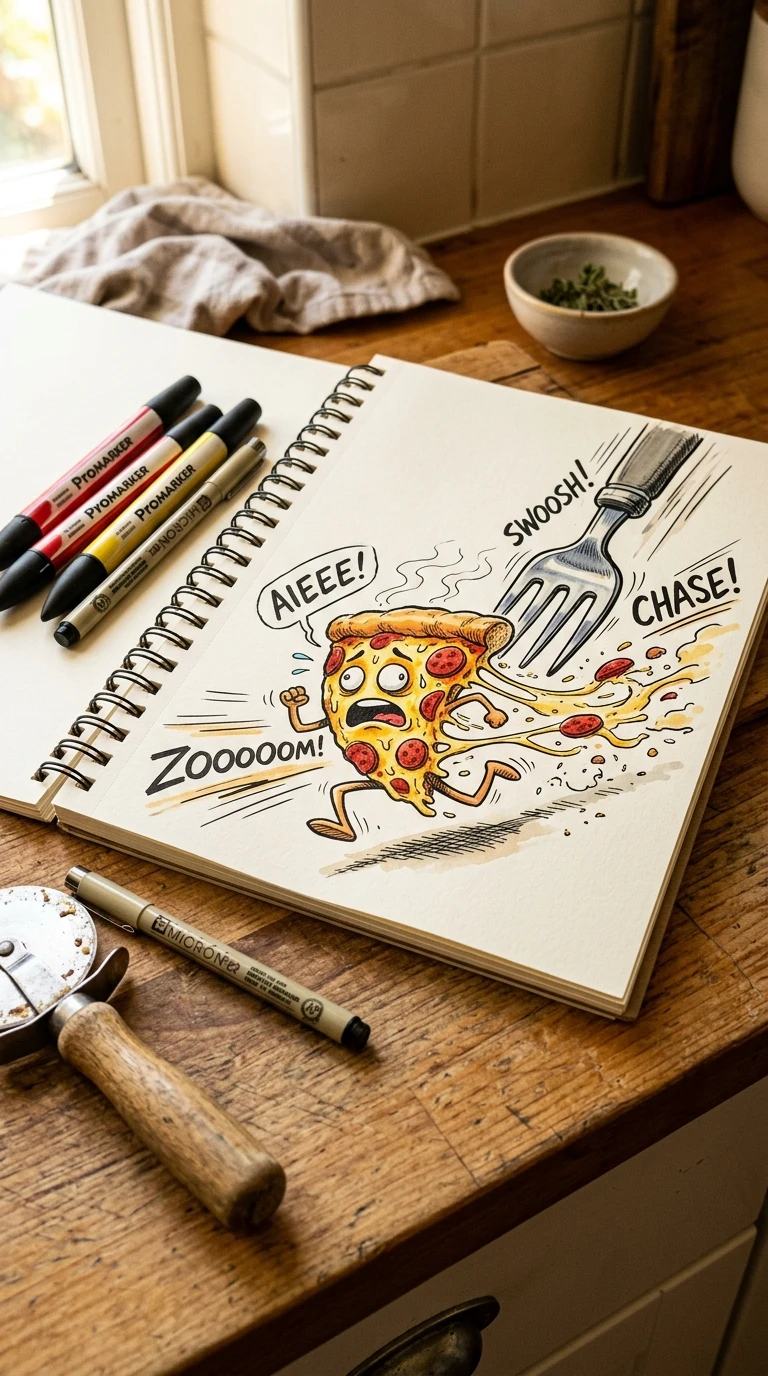 Une pizza qui essaie de fuir avant d'être mangée