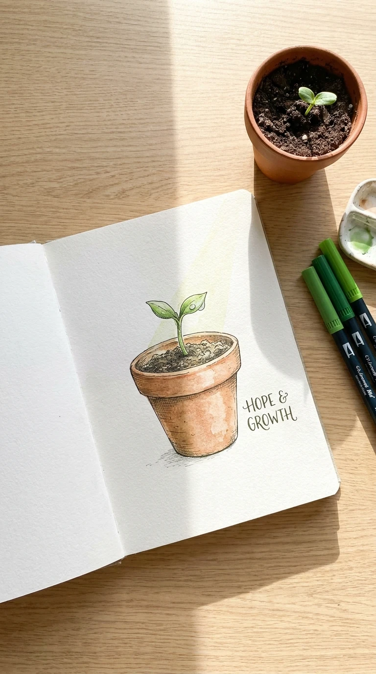 Une plante en pot avec une toute petite pousse qui vient d'apparaître