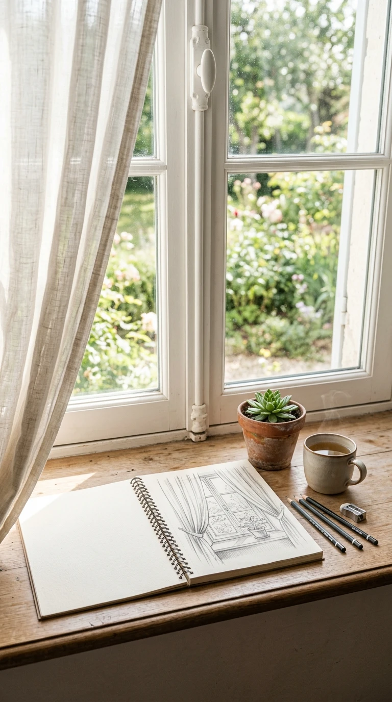 Une scène de fenêtre avec un rideau et une plante