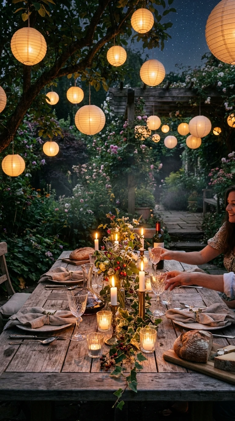 Une table de dîner en extérieur, avec la lumière chaude des lampions ou des bougies