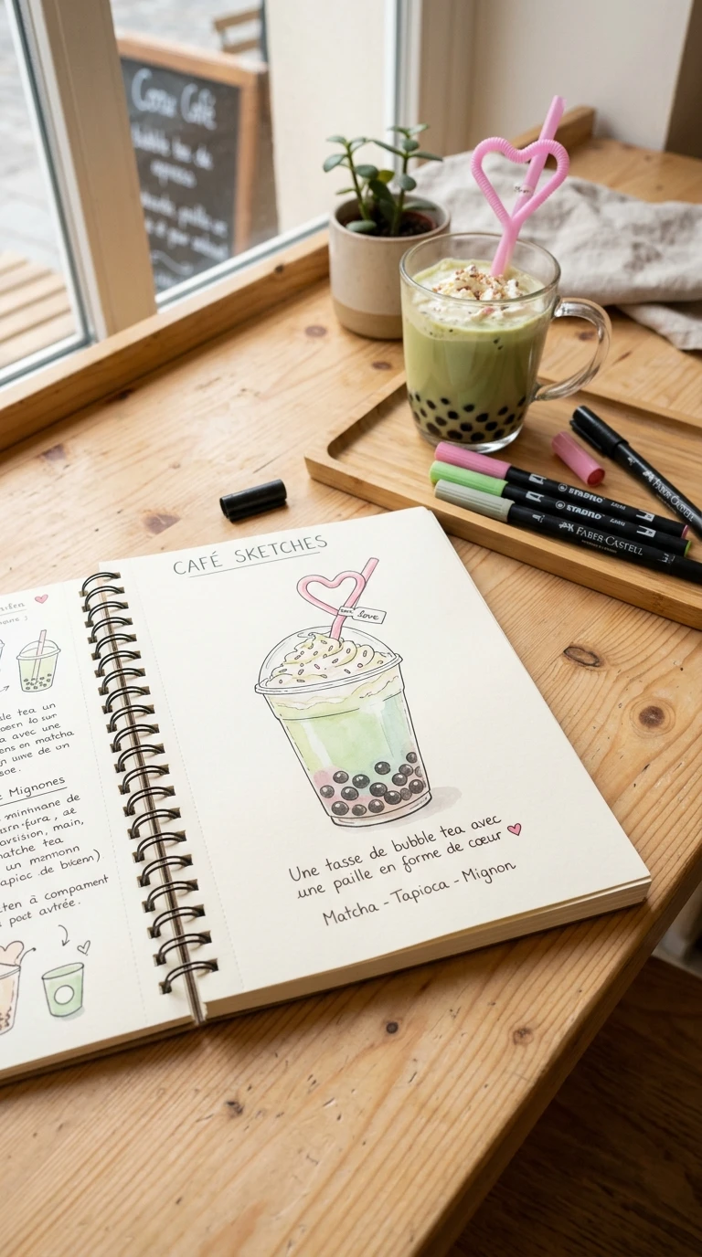 Une tasse de bubble tea avec une paille en forme de cœur