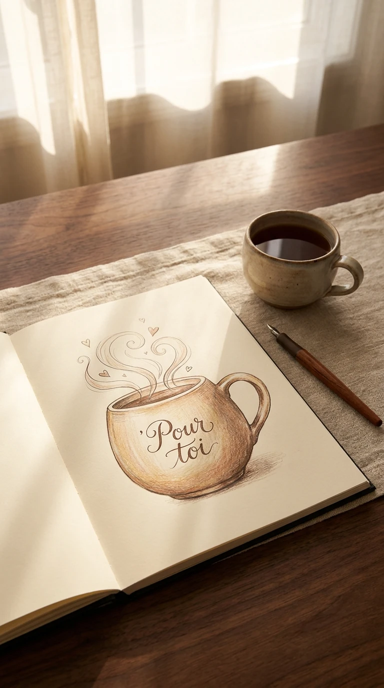 Une tasse fumante avec un petit mot doux écrit sur le côté