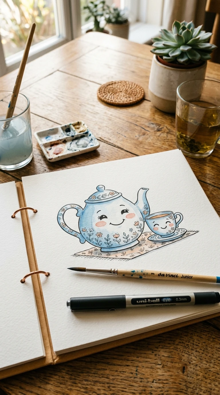 Une théière et sa tasse assortie, avec des visages identiques