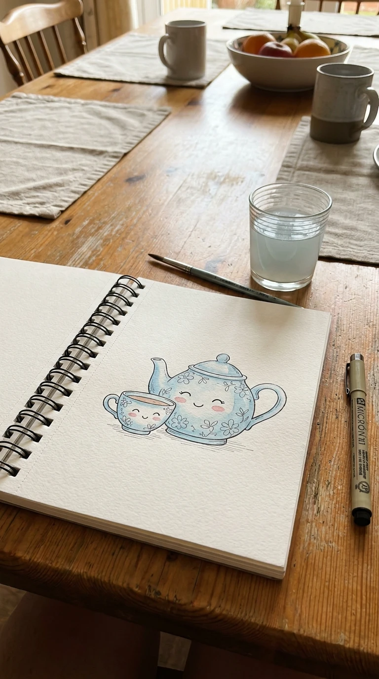 Une théière et sa tasse assortie, blotties l'une contre l'autre