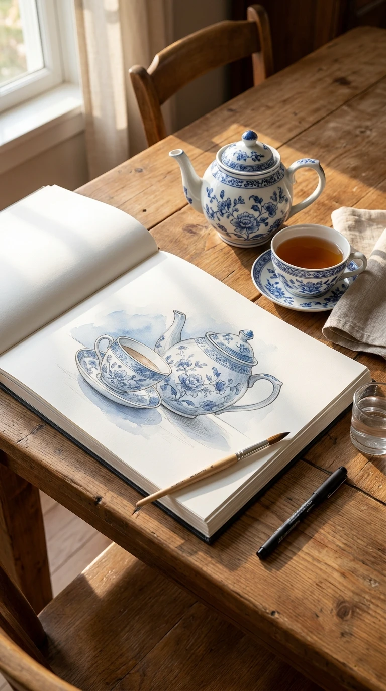 Une théière et sa tasse assortie, posées côte à côte