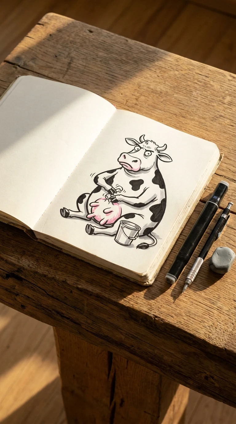 Une vache qui essaie de traire elle même sans succès