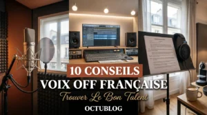 Studio d'enregistrement professionnel avec microphone, console de mixage, casque et script pour voix off.
